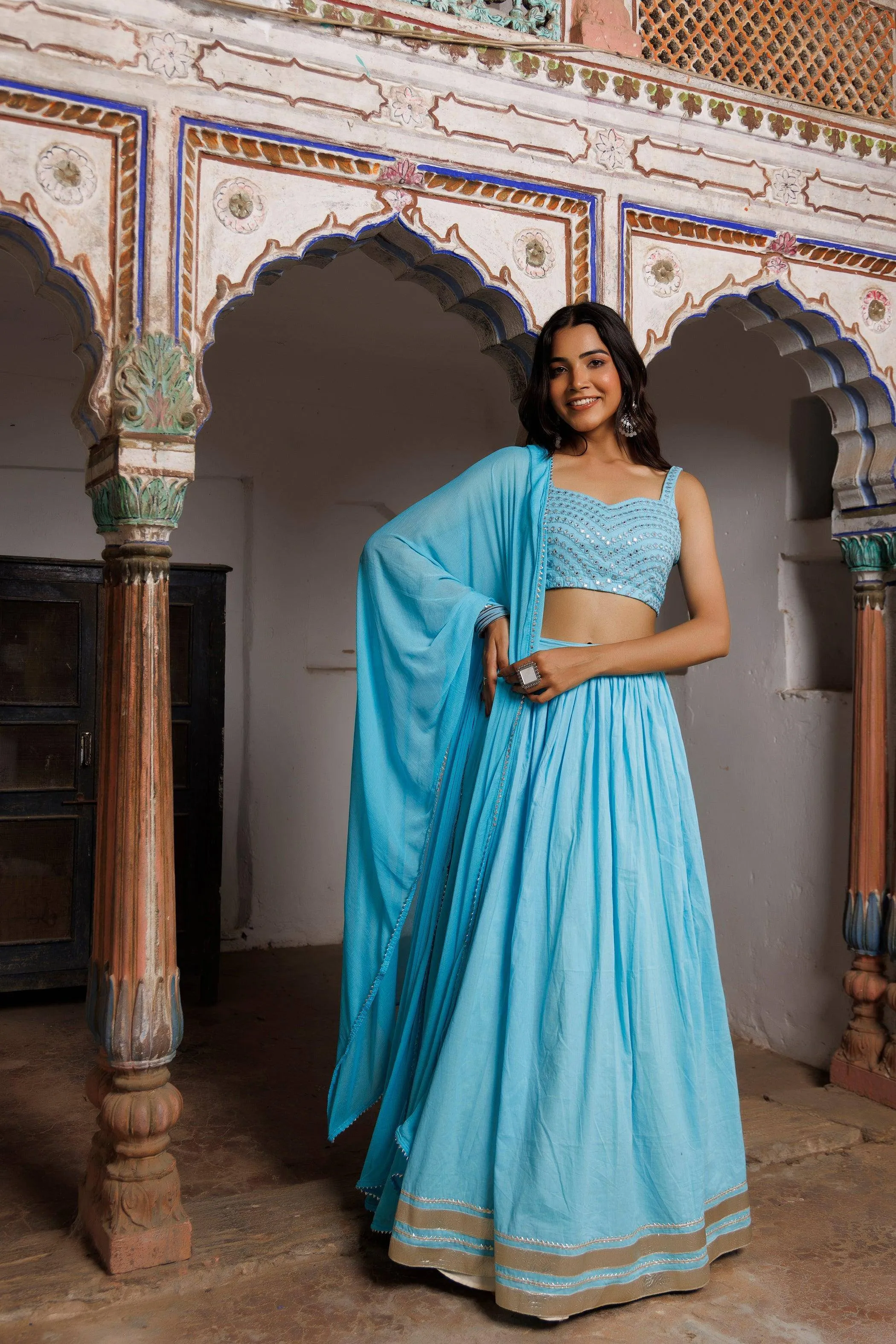 RAGAVI Turquoise Blue Embroidered Lehenga Set