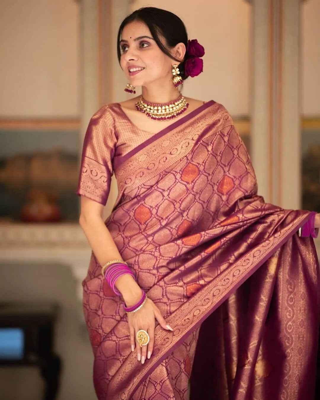 Redolent Purple Soft Silk Saree With Desultory Blouse Piece