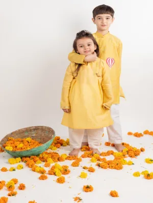 Siblings Set - Yellow Embroidered Chanderi Kurta Sets