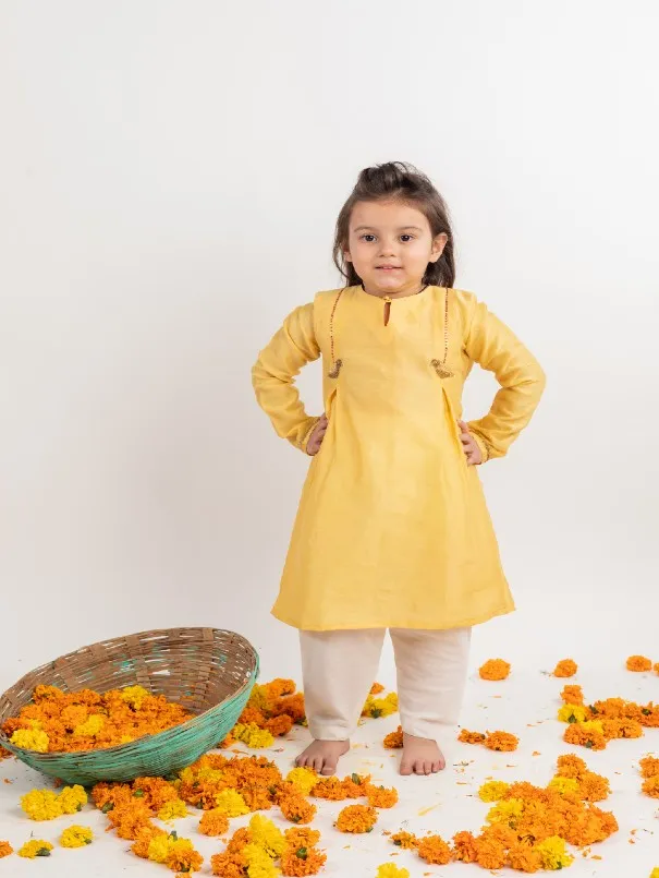 Siblings Set - Yellow Embroidered Chanderi Kurta Sets