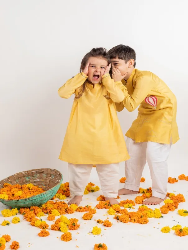 Siblings Set - Yellow Embroidered Chanderi Kurta Sets