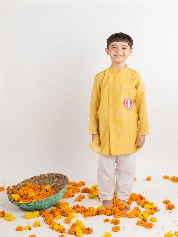 Siblings Set - Yellow Embroidered Chanderi Kurta Sets