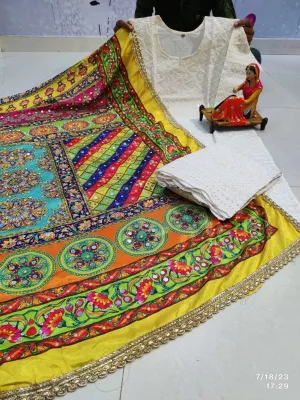 Silky Yellow base Multicolor Style Chikankari Elegance - Pakistani Dupatta & Kurti Palazzo Set