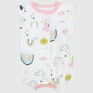 Smiley Sun & Rainbow Ruffled Shoulders Romper