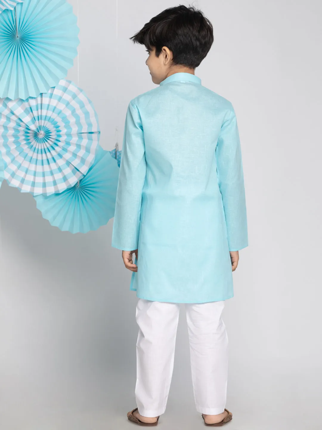 VASTRAMAY Boys' Aqua And White Kurta Pyjama Set