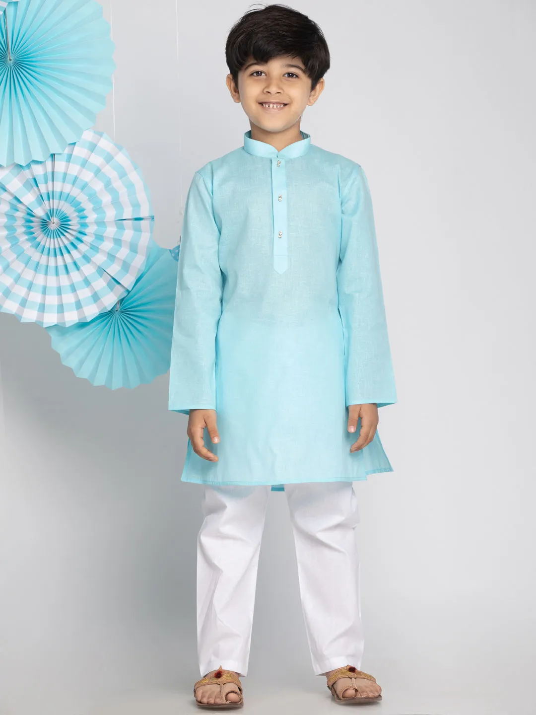 VASTRAMAY Boys' Aqua And White Kurta Pyjama Set