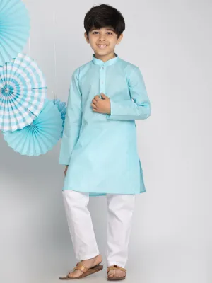 VASTRAMAY Boys' Aqua And White Kurta Pyjama Set