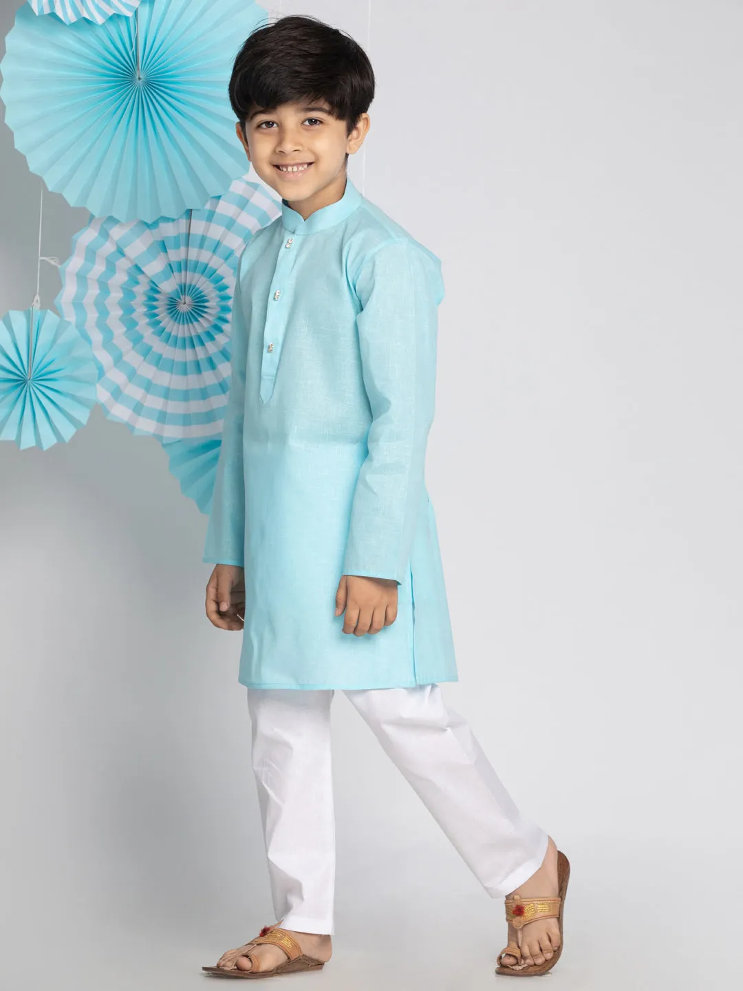 VASTRAMAY Boys' Aqua And White Kurta Pyjama Set