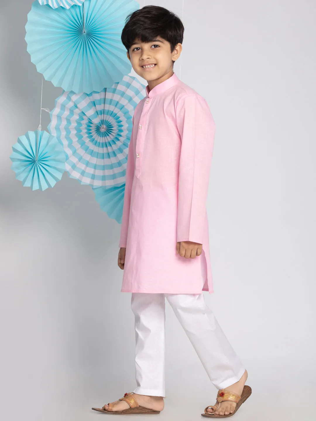 VASTRAMAY Boys' Pink And White Kurta Pyjama Set