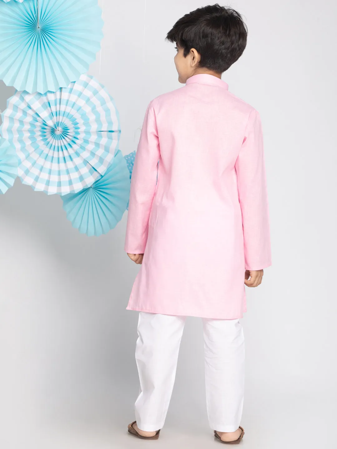 VASTRAMAY Boys' Pink And White Kurta Pyjama Set