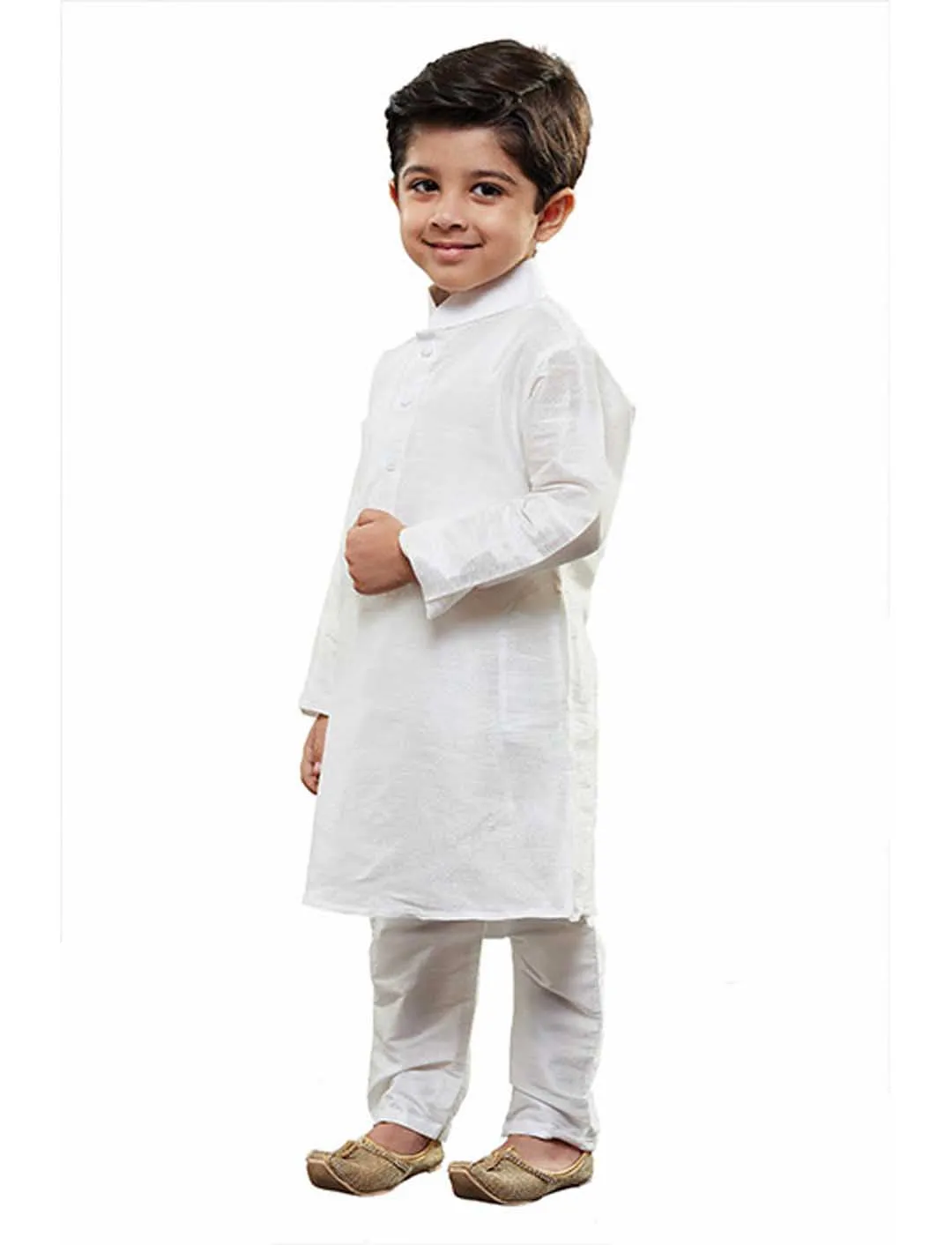 VASTRAMAY Boys' White Cotton Silk Kurta and Pyjama Set