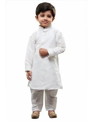 VASTRAMAY Boys' White Cotton Silk Kurta and Pyjama Set