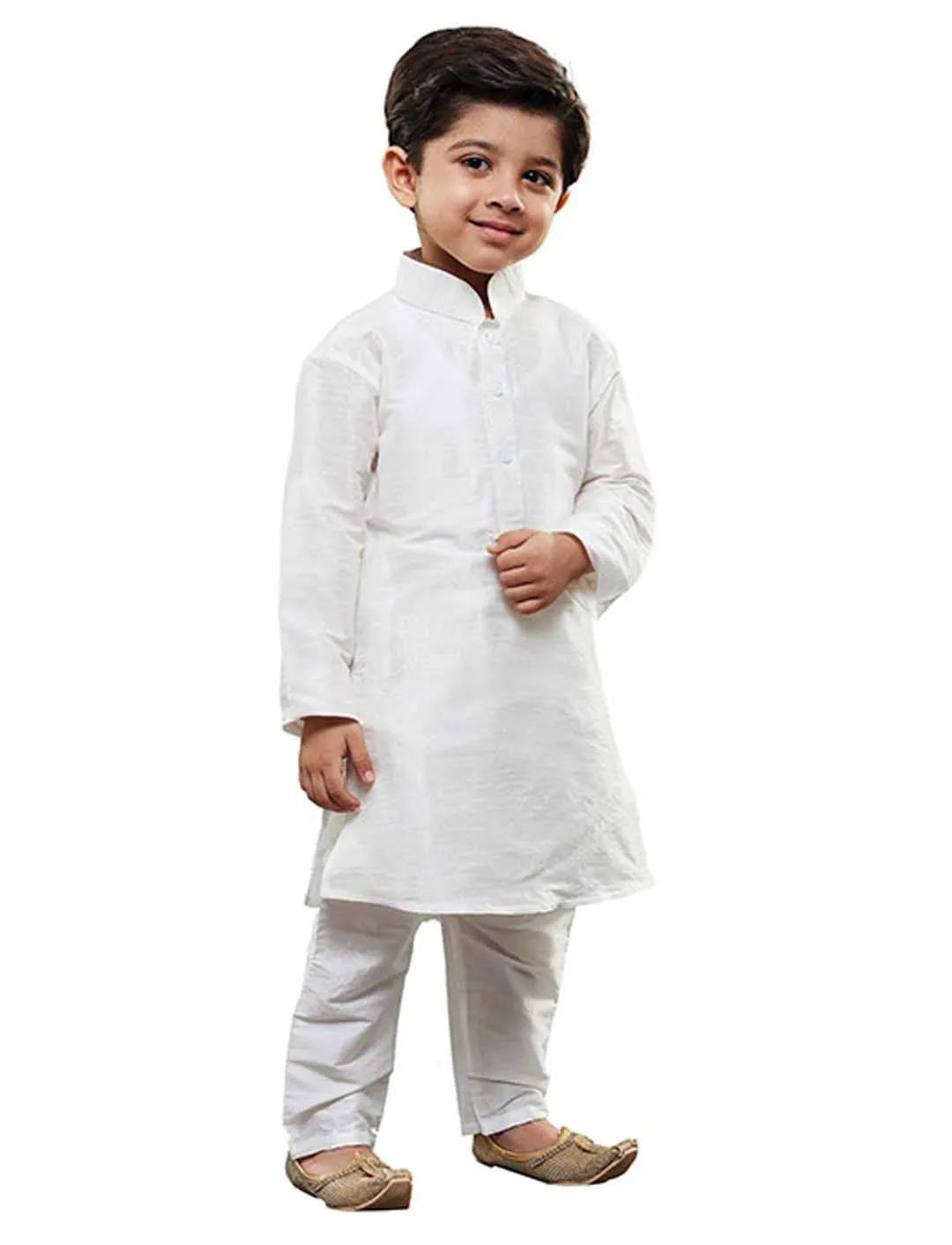 VASTRAMAY Boys' White Cotton Silk Kurta and Pyjama Set