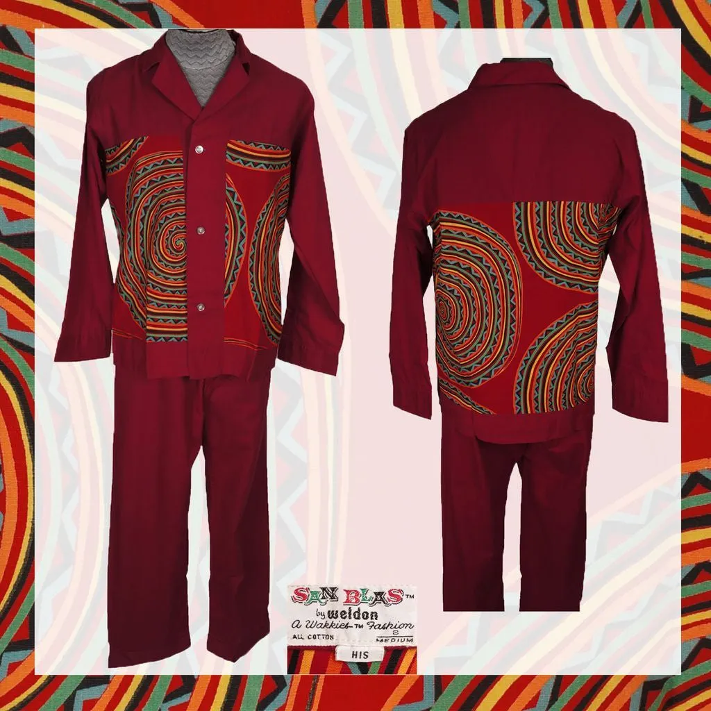 Vintage 60s Wild Design Tiki Print Mens Pajamas Size Medium by Weldon