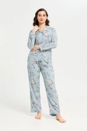 Women Blue Printed Classic Pyjama Set (2 Piece)