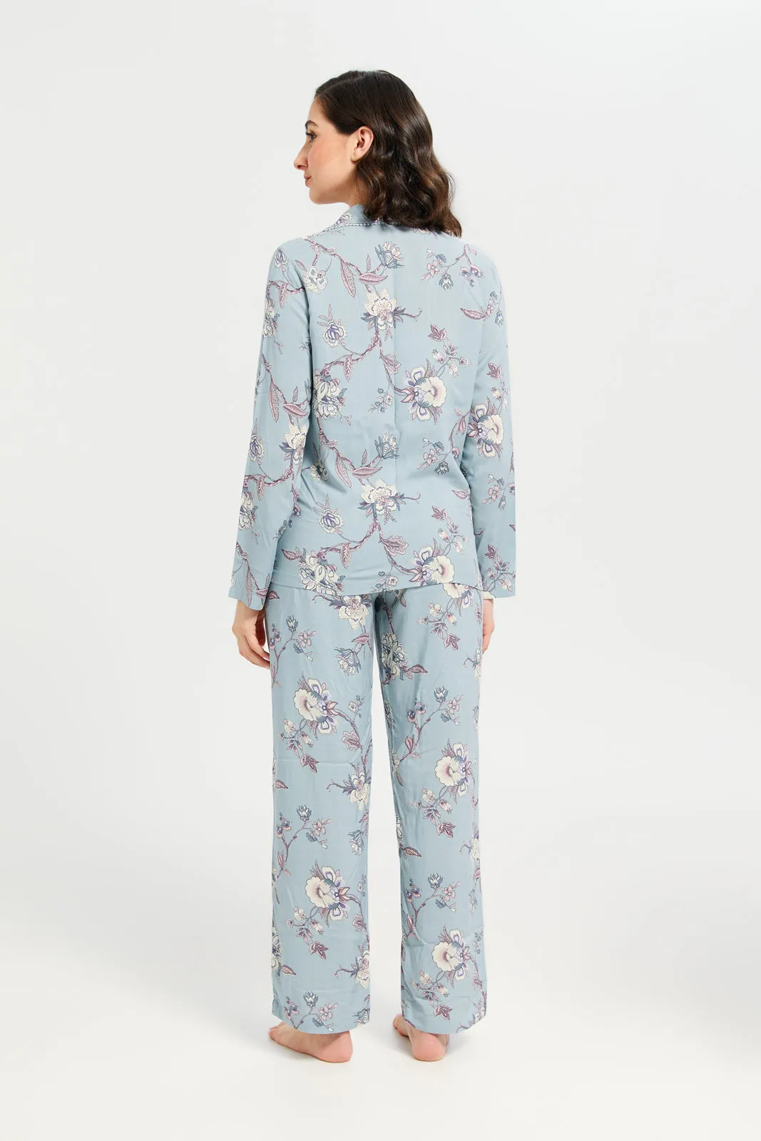 Women Blue Printed Classic Pyjama Set (2 Piece)