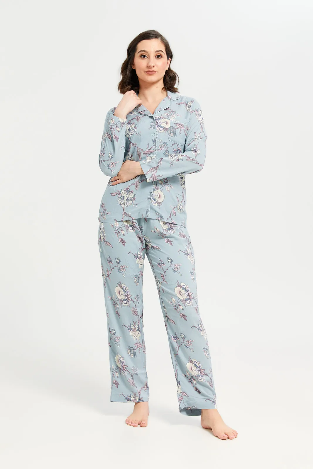 Women Blue Printed Classic Pyjama Set (2 Piece)