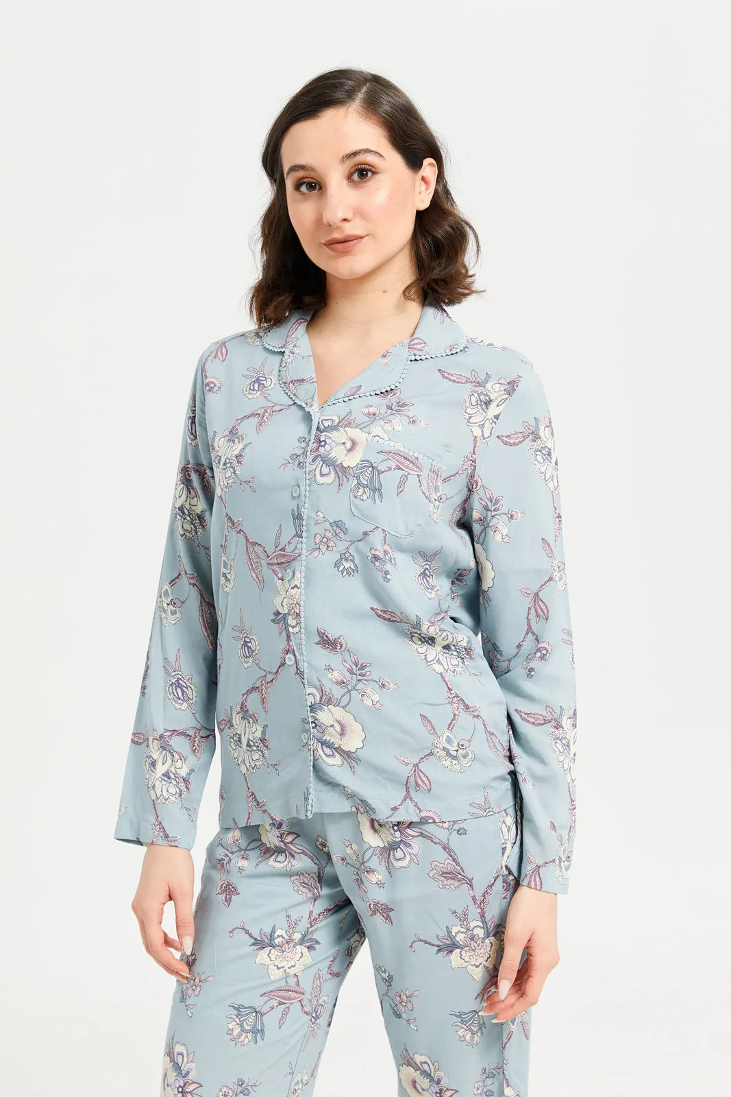 Women Blue Printed Classic Pyjama Set (2 Piece)