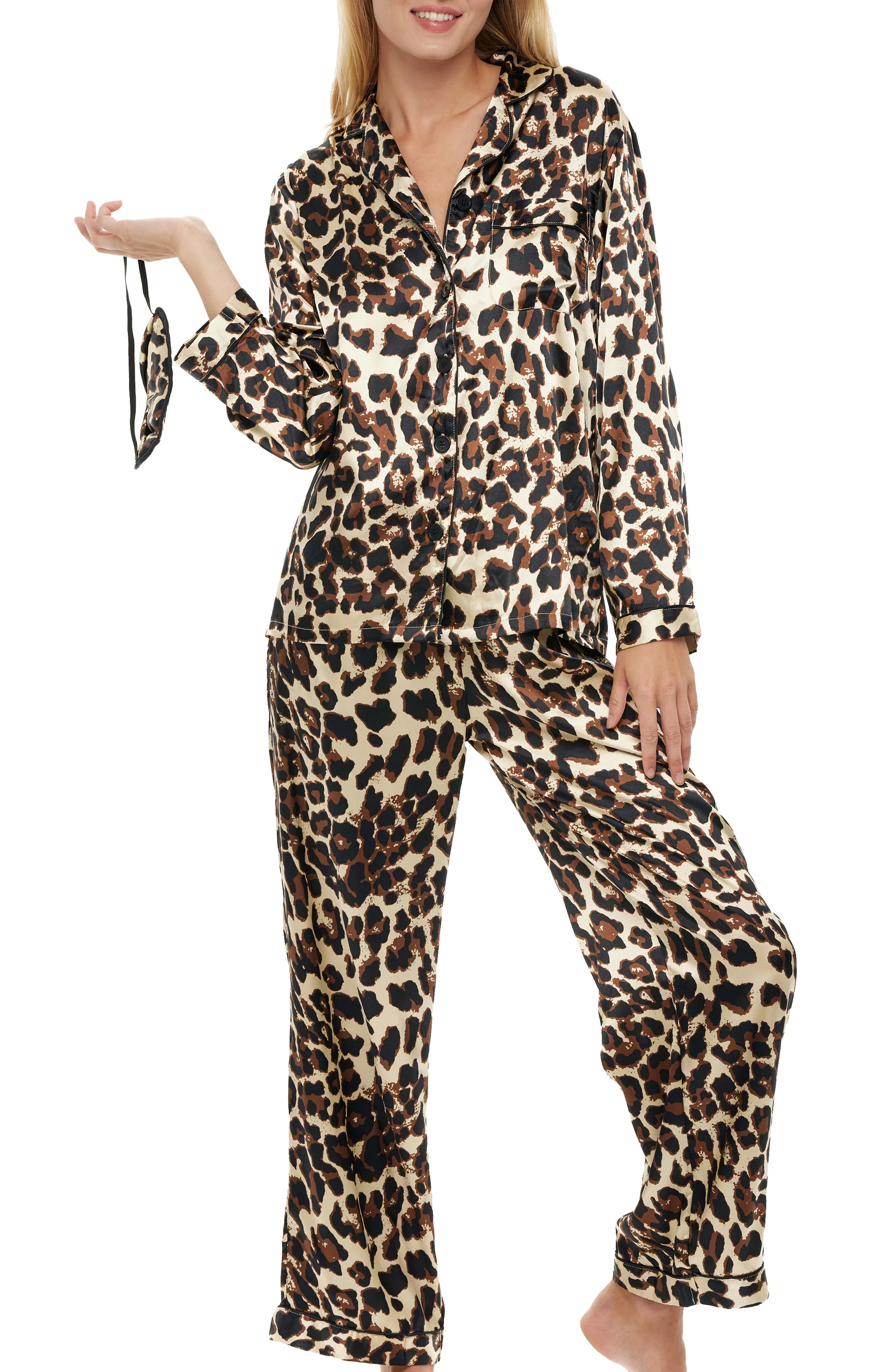 Women's Classic Satin Pajamas with Pockets, PJ and Matching Sleep Mask