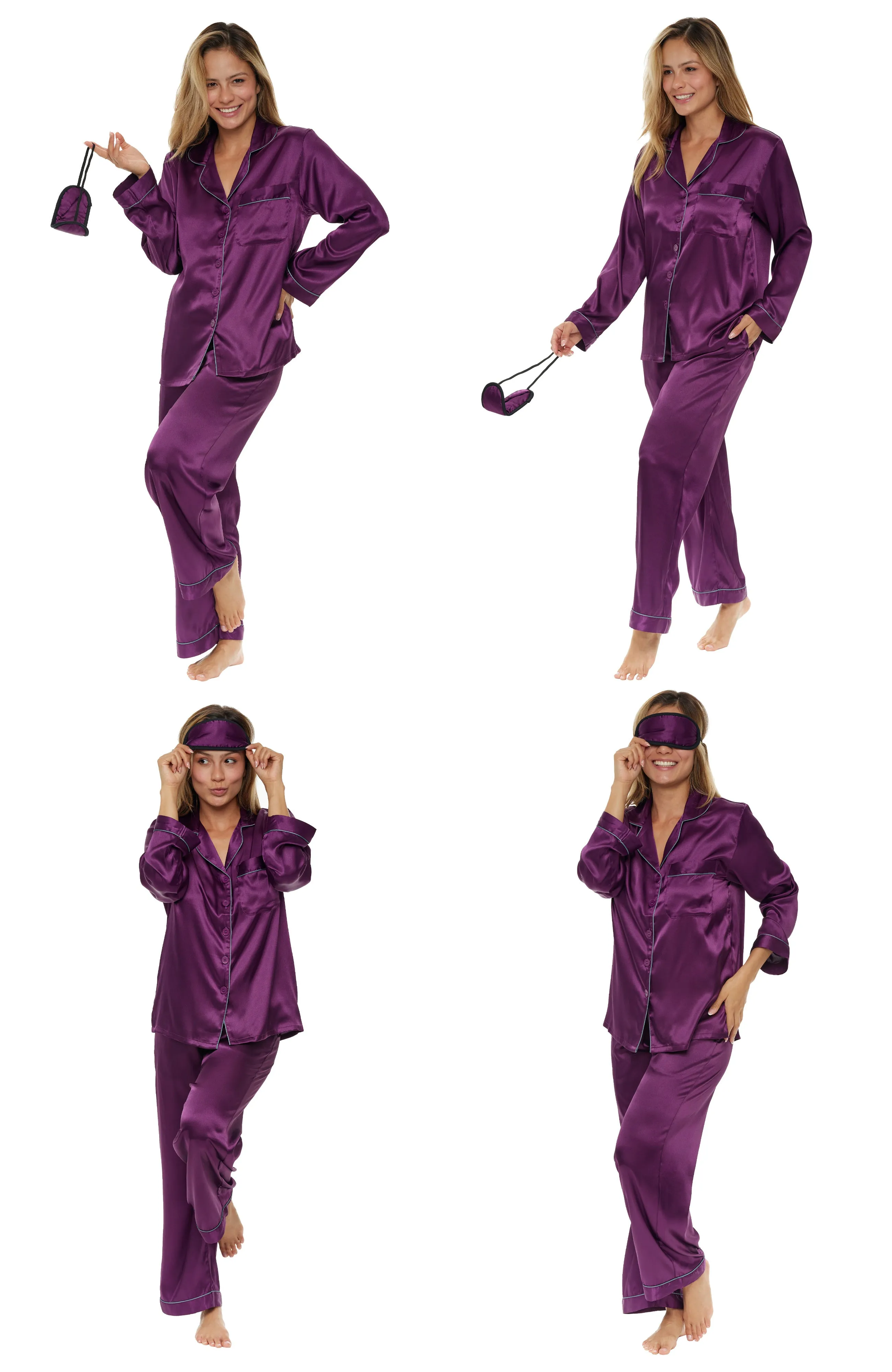 Women's Classic Satin Pajamas with Pockets, PJ and Matching Sleep Mask