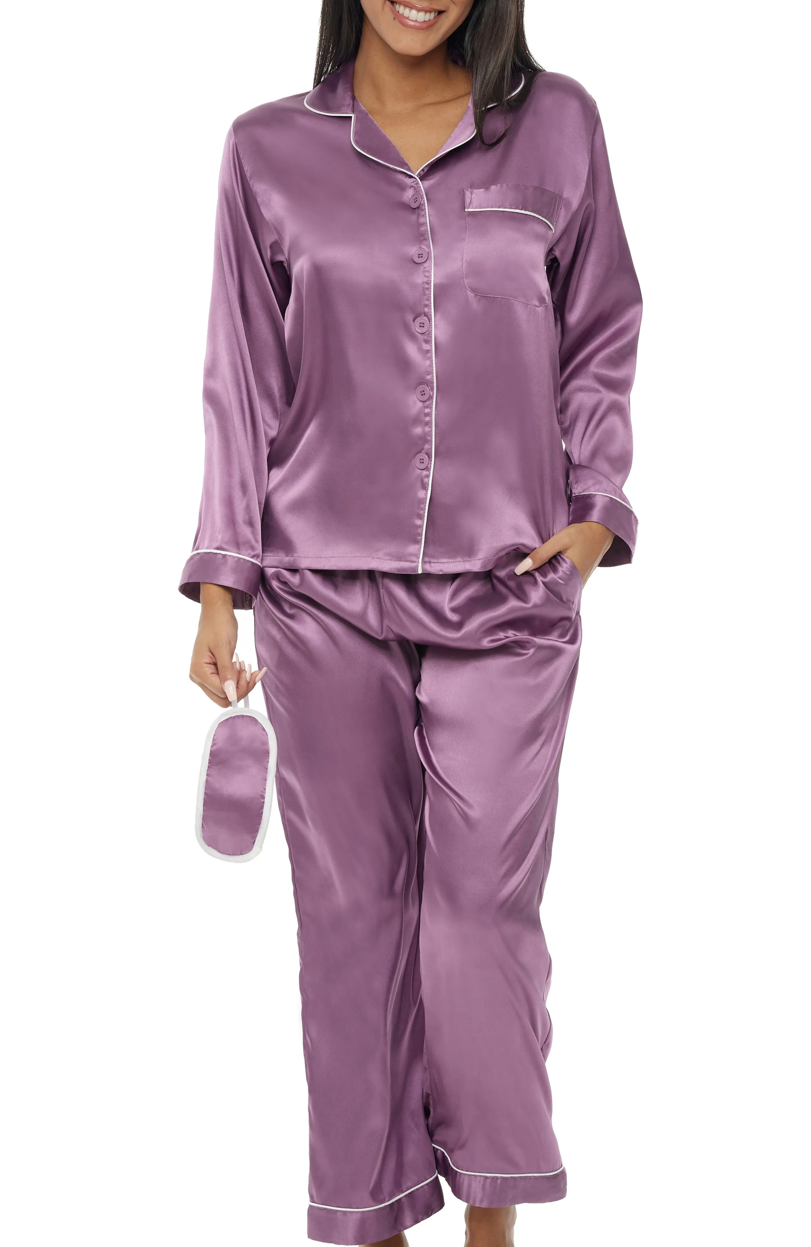 Women's Classic Satin Pajamas with Pockets, PJ and Matching Sleep Mask