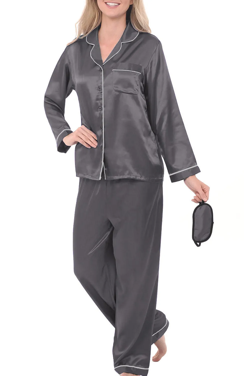 Women's Classic Satin Pajamas with Pockets, PJ and Matching Sleep Mask