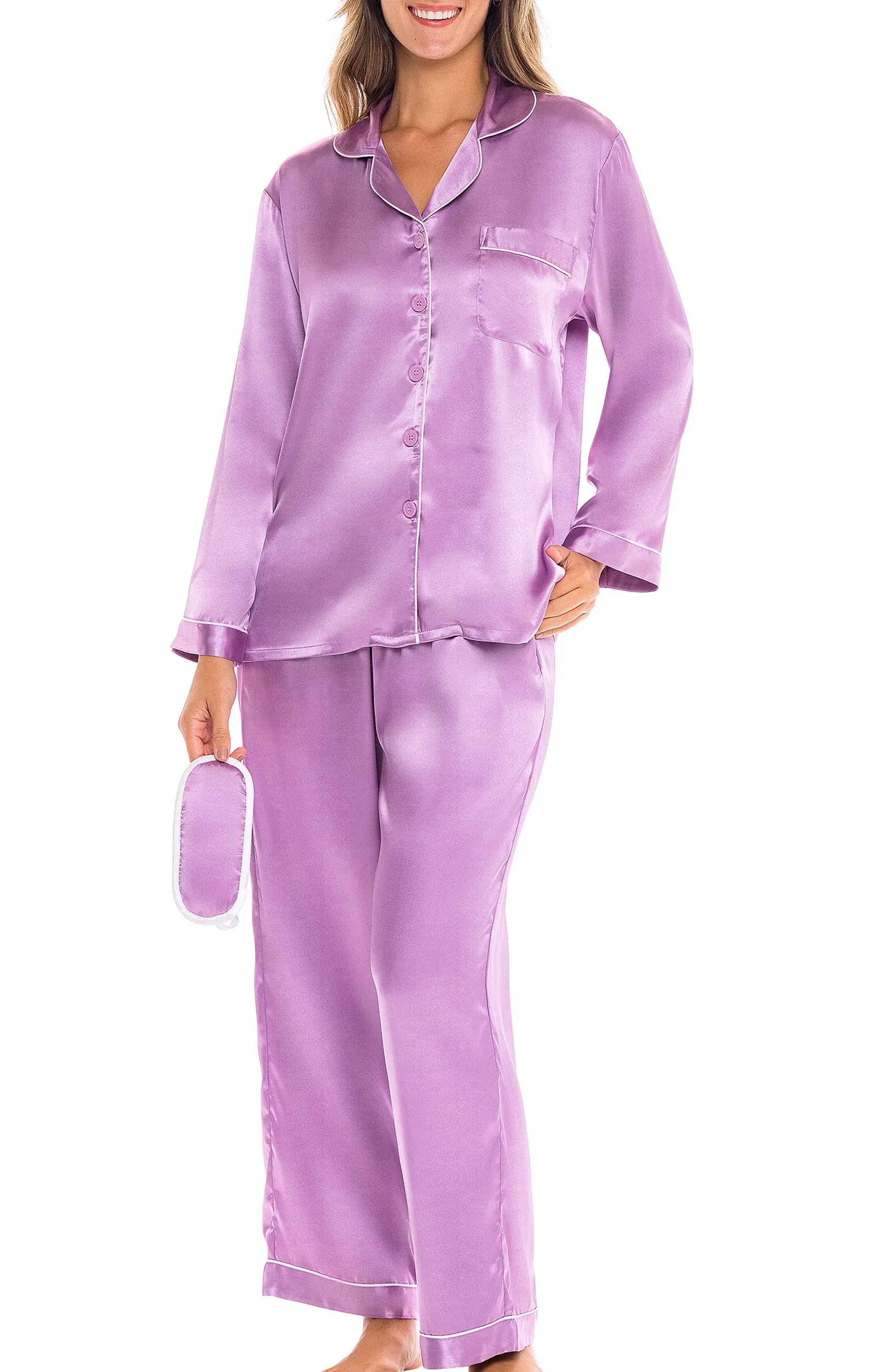 Women's Classic Satin Pajamas with Pockets, PJ and Matching Sleep Mask