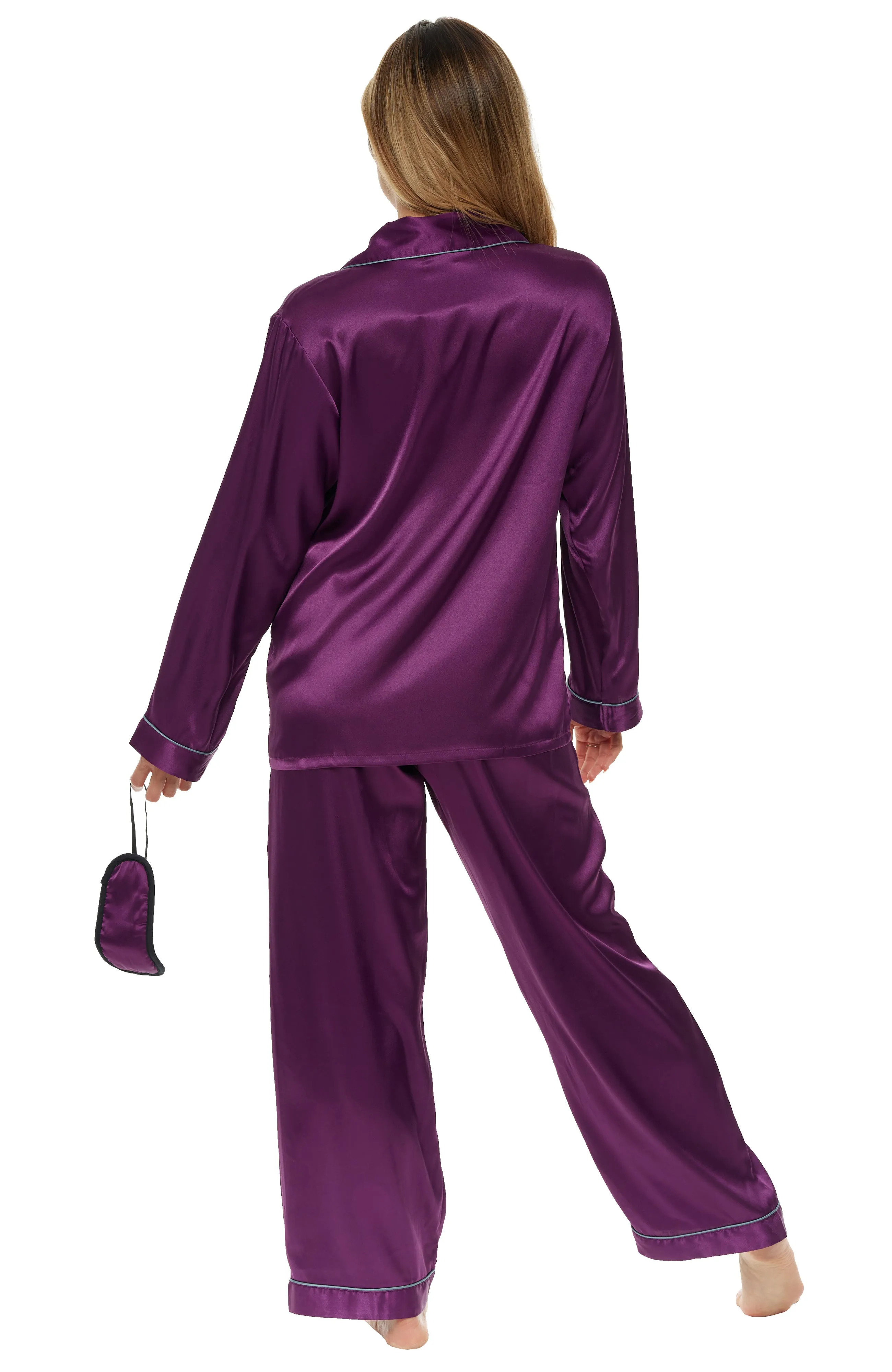 Women's Classic Satin Pajamas with Pockets, PJ and Matching Sleep Mask