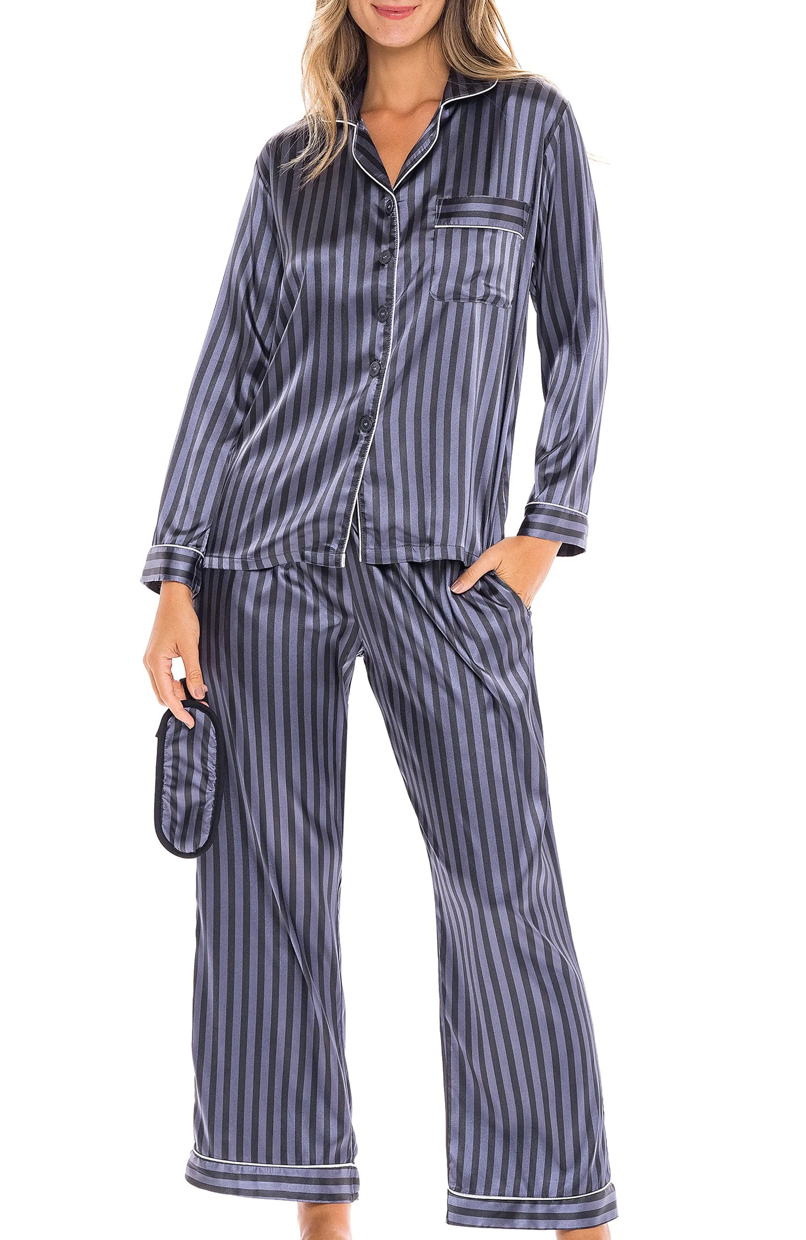 Women's Classic Satin Pajamas with Pockets, PJ and Matching Sleep Mask