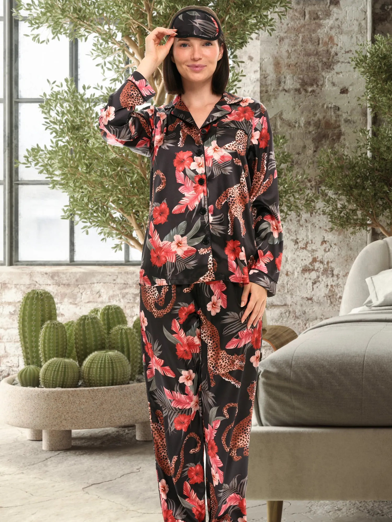 Women's Classic Satin Pajamas with Pockets, PJ and Matching Sleep Mask